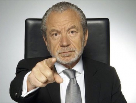 Picture of Sir Alan Sugar pointing figure to say you're fired